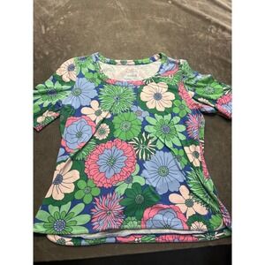 Talbots Tee Womens Petite Large LP Floral Short Sleeve‎ Crew Neck Cotton Blend